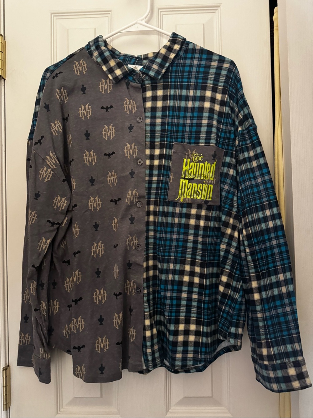Disney Haunted Mansion Men's Two-Tone Plaid & Graphic Shirt - Blue/Gray